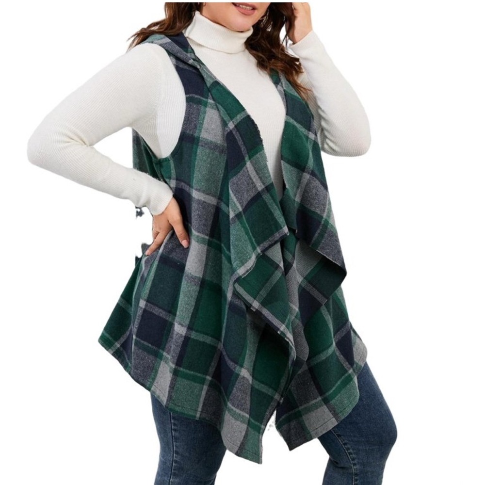 EUC Boutique Green Plaid Drape Cardigan Vest Women’s Size smalll